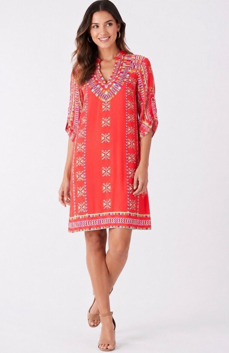 Bohemian Tribal Maximalist Print Orange Donna Morgan V-Neck Shift Dress Sz 6